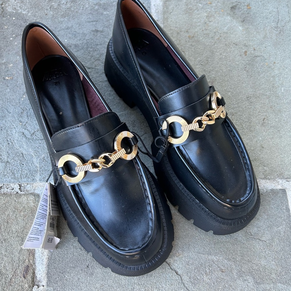 New ZARA Black lug sole platform gold embellished loafers shoes size 39